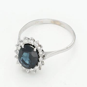 Ring - 14 karaat Witgoud - Diamant - Saffier, Nieuw