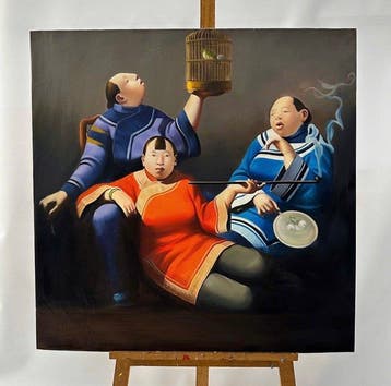 Tran Van khoa (1997) - Les Trois Dignitaires 80 x 80 cm, Antiquités & Art