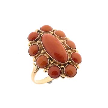 Gouden ring met bloedkoraal, Handtassen en Accessoires, Ringen, 18 tot 19, Gebruikt, Ophalen of Verzenden, Met edelsteen