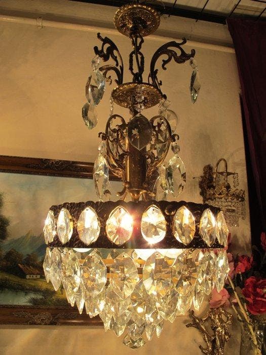 Kroonluchter - Gegoten messing - Antieke Kristallen, Antiek en Kunst, Antiek | Verlichting
