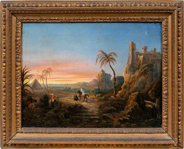 Orientalist school (XIX) - Landscape with Travellers, Ruins