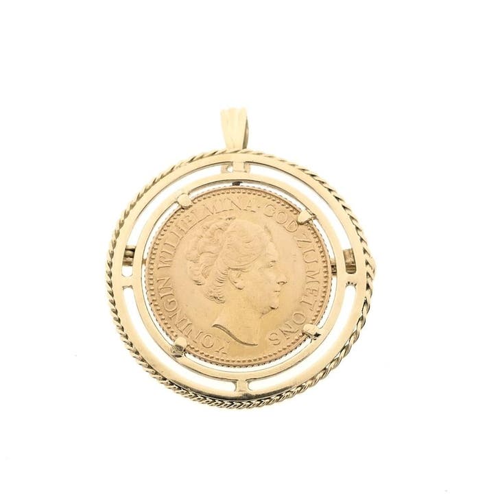 Gouden hanger/broche van 10 gulden munt; Koningin Wilhelm..., Bijoux, Sacs & Beauté, Bracelets à breloques, Enlèvement ou Envoi