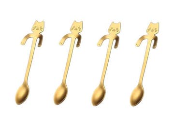 Veiling - Set van theelepels - goud - katten design - rvs, Nieuw