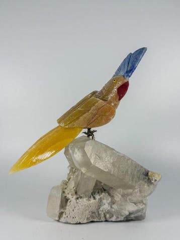 Beau morceau - Perroquet jaune sculpté à la main sur une
