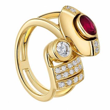 Ring - 18 karaat Geel goud - 1.40ct. tw. Robijn - Diamant -