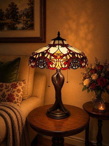 XXL Tiffany stijl tafellamp RUBY & GOLD GLOW lamp met 2, Antiquités & Art
