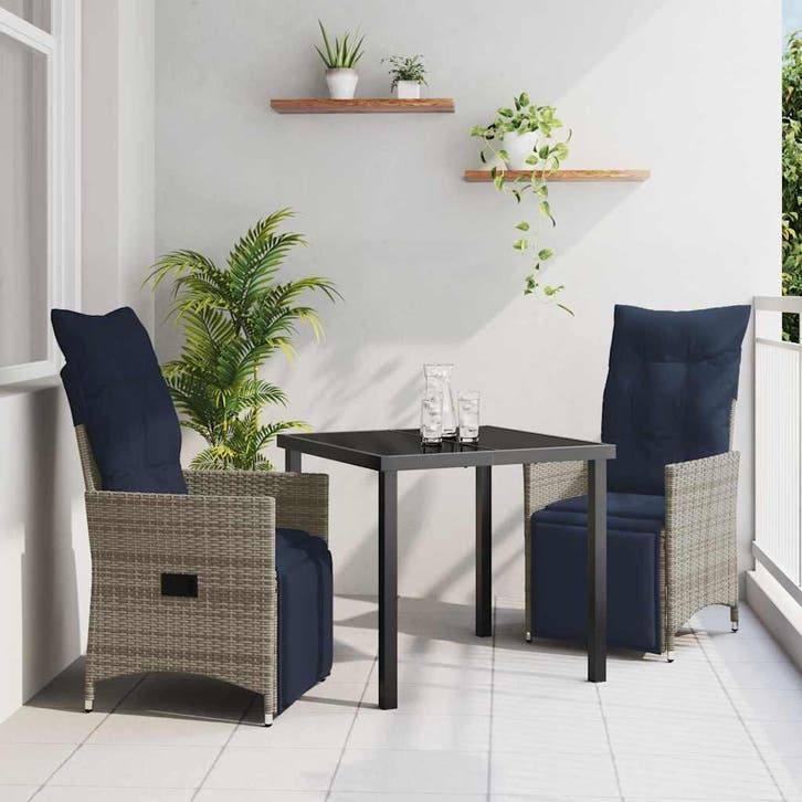 vidaXL Tafel en stoelen set met kussen 3 pcs Grijs PE Riet, Tuin en Terras, Tuinsets en Loungesets, Nieuw, Verzenden