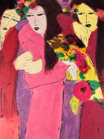 Walasse Ting - Tre Donne con Pappagalli Yves Rivière,