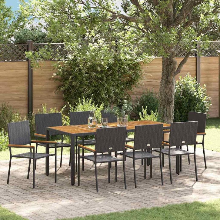vidaXL Tuin Eettafel Set 9 pcs Zwart poly rattan, Tuin en Terras, Tuinstoelen, Nieuw, Verzenden