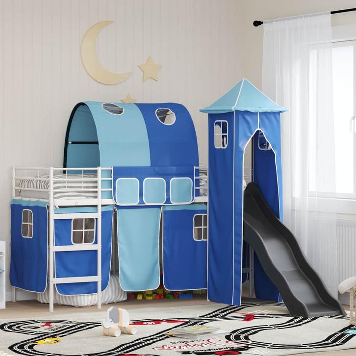 vidaXL Kidsloftbedframe Wit en Blauw 90 x 190 cm Metaal, Huis en Inrichting, Slaapkamer | Bedden, Nieuw, Verzenden