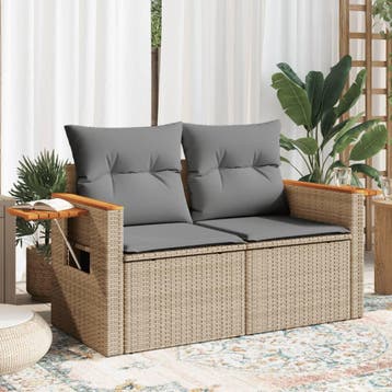 vidaXL Tuinbank 2-zits met kussens poly rattan beige, Verzenden