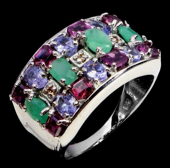 Zonder minimumprijs - Ring Zilver - 2.34ct. tw. Smaragd -, Handtassen en Accessoires, Ringen