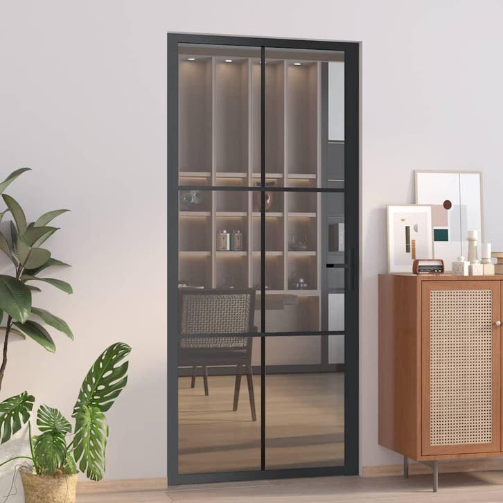 vidaXL Binnendeur 93x201,5 cm ESG-glas en aluminium zwart, Doe-het-zelf en Bouw, Deuren en Vliegenramen, Nieuw, Verzenden