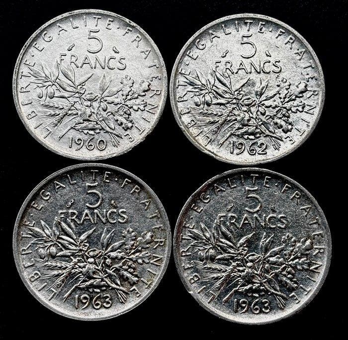 Frankrijk. Lote de 4 Moedas de 5 Francos Semeuse, Postzegels en Munten, Munten | Europa | Niet-Euromunten