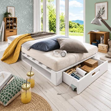 Infanskids Pallet 1-persoonsbed Wit 90x200 cm met Opberglade, Huis en Inrichting, Nieuw