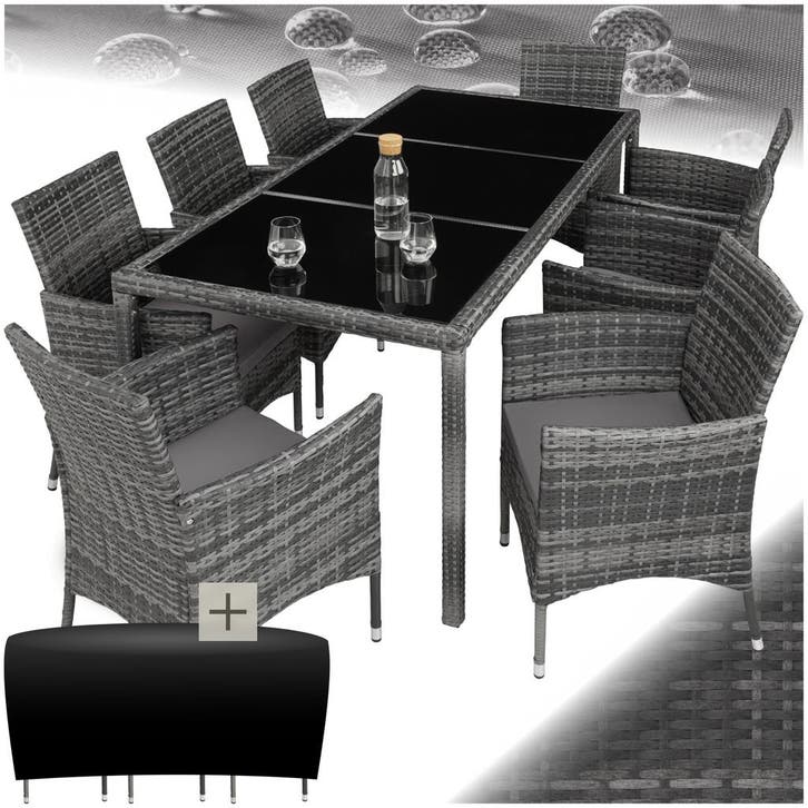 Wicker zitgroep 8+1 met beschermhoes - grijsgevlekt/grijs, Tuin en Terras, Tuinsets en Loungesets, Verzenden