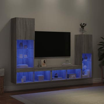 vidaXL 4-delige Tv-wandmeubelset met LED bewerkt hout grijs, Verzenden