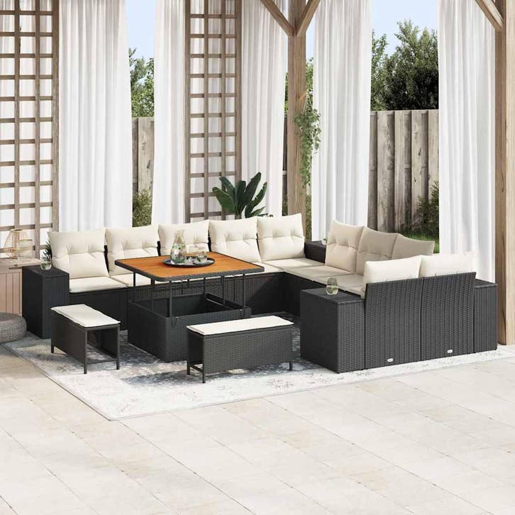 vidaXL Tuinbank Set 13 st Zwart en Crème poly rattan, Tuin en Terras, Tuinsets en Loungesets, Nieuw, Verzenden