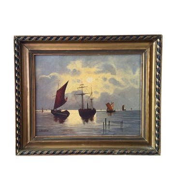 École européenne (XIX) - Marina con barche al tramonto