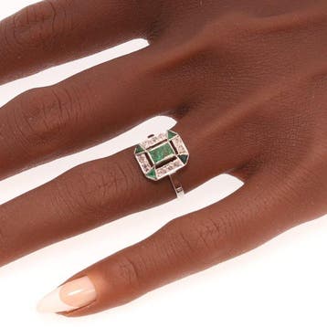 Ring - 18 karaat Witgoud - Diamant - Smaragd ca. 1920 Art, Nieuw