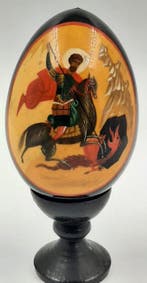 Icône - Bois, tempera, laque - Saint-Georges et le Dragon, Antiquités & Art