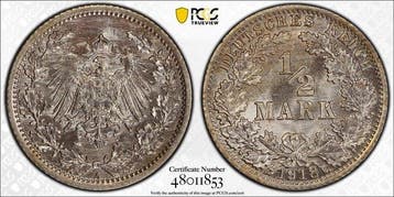 Duitsland, keizerrijk 1/2 Mark 1918 - PCGS MS66 (Berlín)