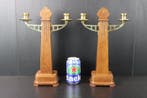 Chandelier Paire de bougeoirs en laiton et bois de chêne,