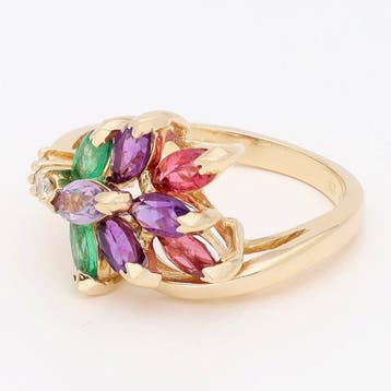 Bague - 14 carats Or jaune, Émeraude, quartz, améthyste et, Nieuw