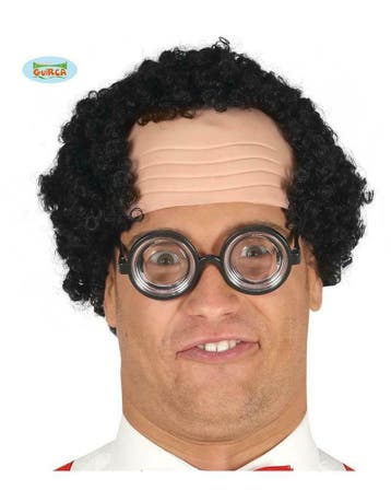 Zwarte nerd pruik met kaal voorhoofd, Ophalen of Verzenden, Nieuw