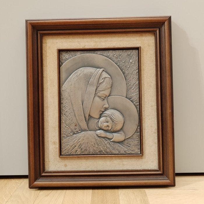 Reliëf, Madonna con bimbo - 47 cm - .925 zilver, Antiek en Kunst, Antiek | Zilver en Goud