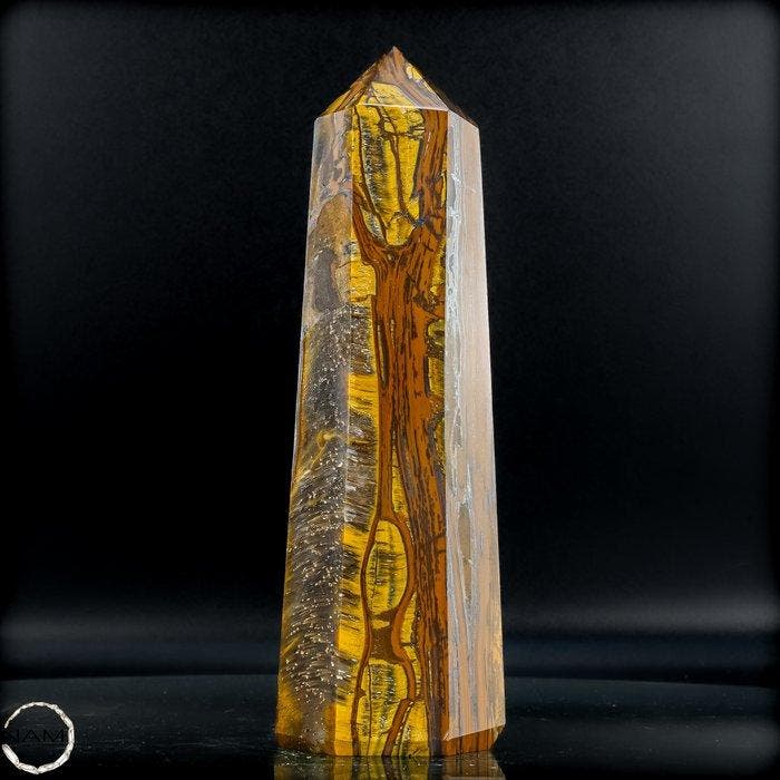 Natuurlijke tijgeroog-obelisk met goudbruine, zijdezachte, Verzamelen, Mineralen en Fossielen