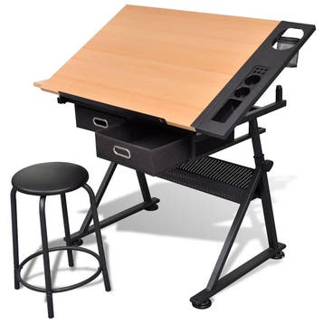 vidaXL Tekentafel met 2 lades en kruk, Verzenden