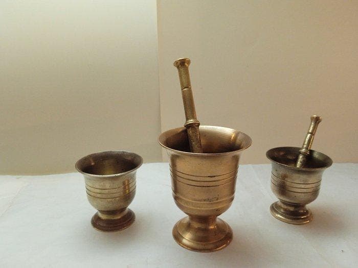 Vijzel en stamper (5) - Verguld messing, Antiek en Kunst, Curiosa en Brocante