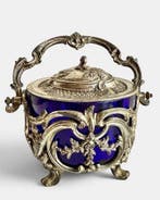 Boîte à biscuits - Argent ancien français et verre cobalté –