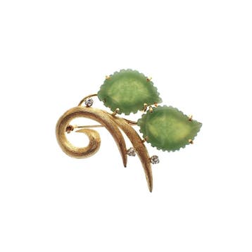 Vintage gouden florale broche met jade en diamant, Ophalen of Verzenden