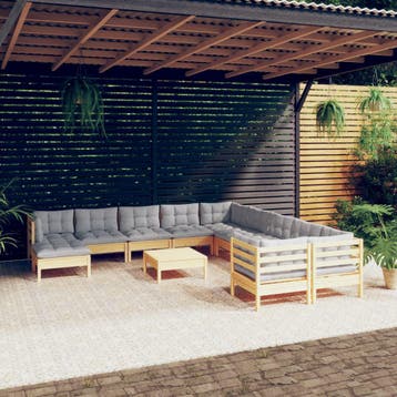 vidaXL 12-delige Loungeset met grijze kussens grenenhout, Tuin en Terras, Verzenden, Nieuw, Loungeset