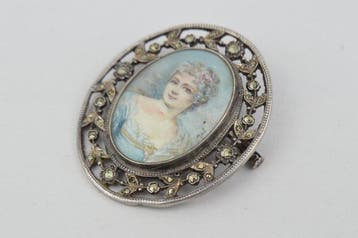 Antiek 800-zilver Glazen portret van een dame en