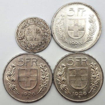 Zwitserland. Lot of 4 coins: 2 & 5 Francs 1860/1926, incl.