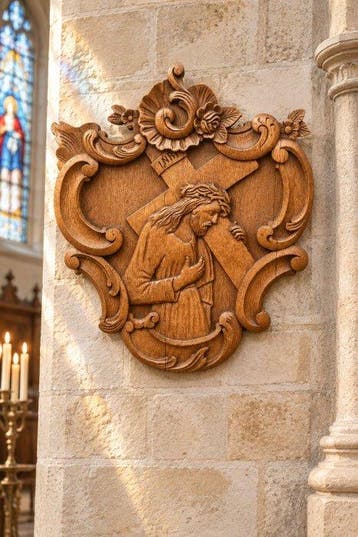 sculptuur, Eikenhouten gesculpteerde Jezus draagt het