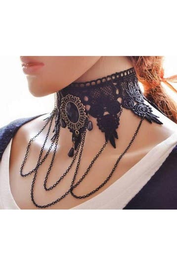 KIMU® Choker Ketting Zwart Breed Kant Kraaltjes Kanten Zwart, Ophalen of Verzenden
