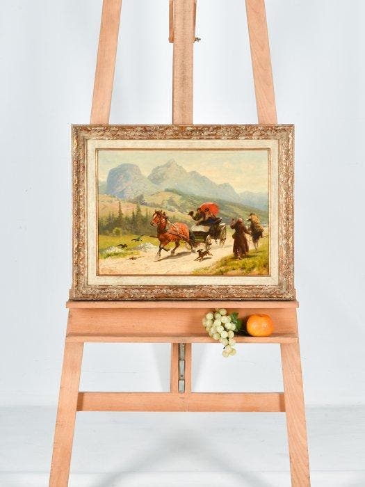 Louis Braun (1836-1916) - Paardenkoets rijdend door, Antiek en Kunst, Kunst | Schilderijen | Klassiek