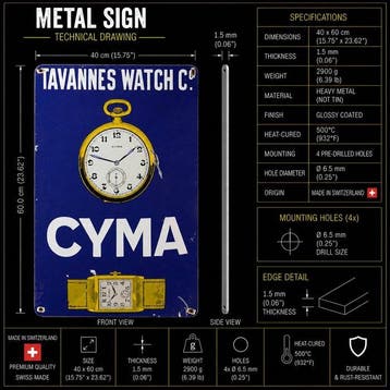 Cyma Tavannes Watch Co. Vintage roestig metalen bord 40 × 60