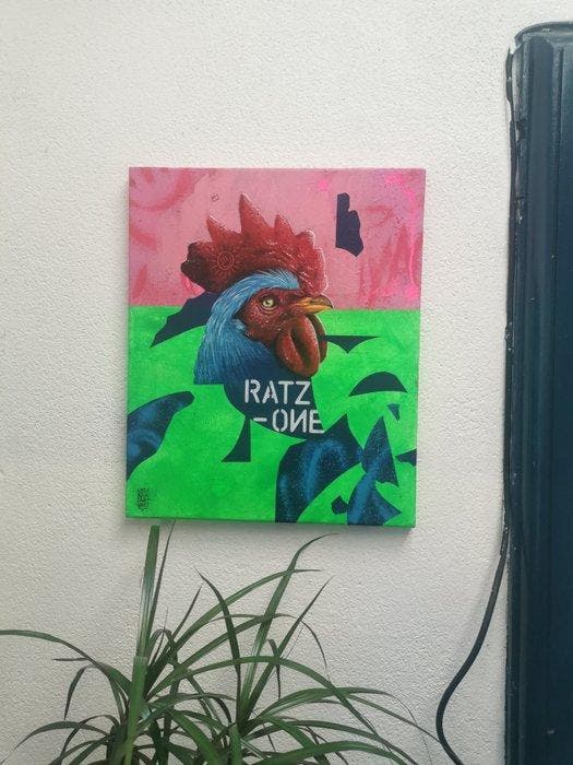 Ratz One - Blue rooster, Antiquités & Art, Art | Peinture | Moderne