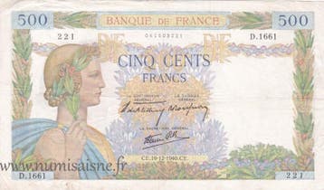 France Frankreich F 32/11 500 Francs La Paix 19/12/1940 D..., Verzenden, België