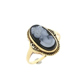 Gouden ring met sardonyx camee; 14 karaat; ringmaat 15,5, Handtassen en Accessoires, Gebruikt, Ophalen of Verzenden, Kleiner dan 17