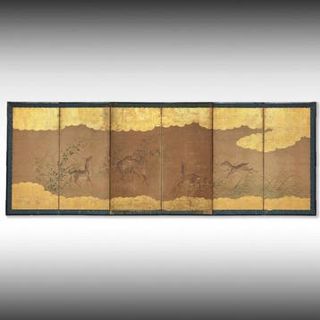 Byôbu  (vouwscherm) - bladgoud, gelakt hout, papier,