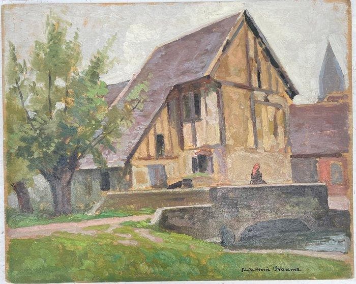 Émile Marie Beaume (1888–1967) - Maison à colombages au, Antiquités & Art, Art | Peinture | Classique