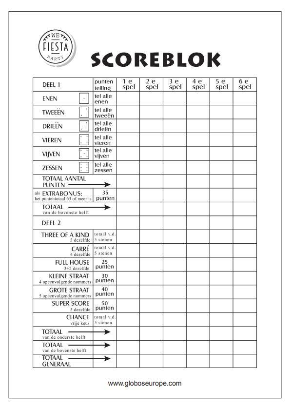 Yahtzee Scoreblok 21cm 50 paginas, Hobby en Vrije tijd, Feestartikelen, Nieuw, Verzenden