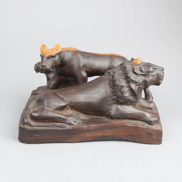 sculptuur, Lion family resting - 12.5 cm - Exotisch hout