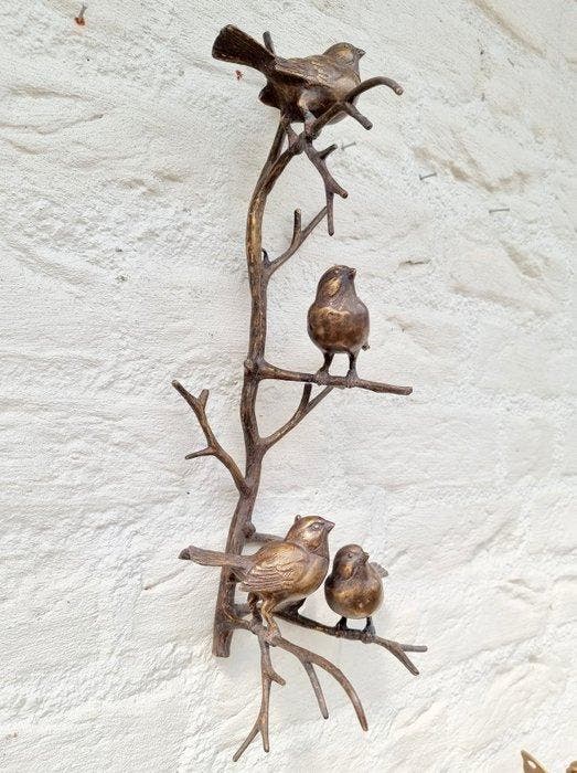 sculptuur, 4 vogeltjes op een tak - 42 cm - Brons, Antiquités & Art, Art | Objets design
